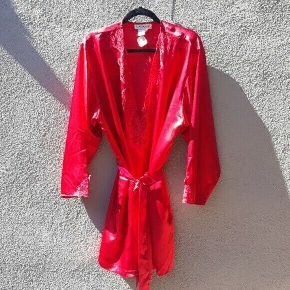 Vintage CACIQUE LINGERIE ROBE LG RED LACEY WRAP ROBE KIMONO NWT Dead Stock - Picture 3 of 13
